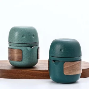 full set view of portable ceramic travel chawan tea set with dark blue carrying case