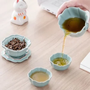 Portable ceramic travel chawan set open with all pieces displayed