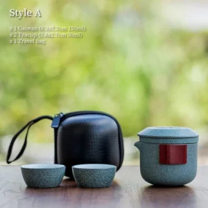 Portable ceramic travel chawan set style a blue-grey with red wood handle in black carrying case
