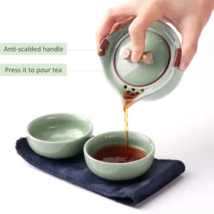 Full assembled pale celadon green 6oz portable travel chawan tea set with black carry bag