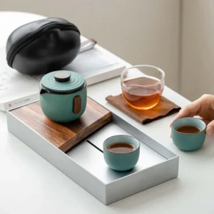 Complete portable 5oz chawan ceramic travel tea set with hard protective black travel case closed