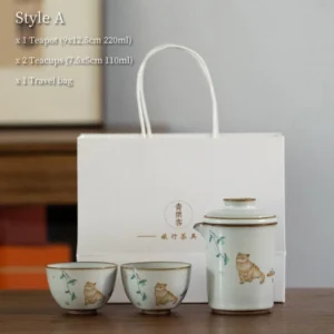 Portable ceramic travel tea set style a with orange cat motif full set in travel bag