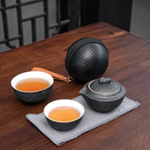 4oz portable charcoal gray ceramic gongfu travel tea set full unboxed view with stone texture
