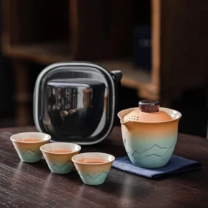 Portable chawan travel tea set with 6.7oz teapot three teacups and hard carry case fully assembled
