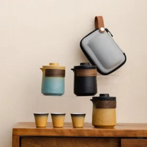 Full portable chawan travel tea set with carry bag open showing nested teapot and teacups