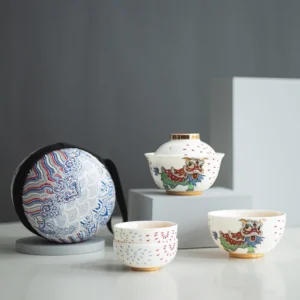 Full portable chawan travel tea set with ceramic teapot, cups, and carrying case