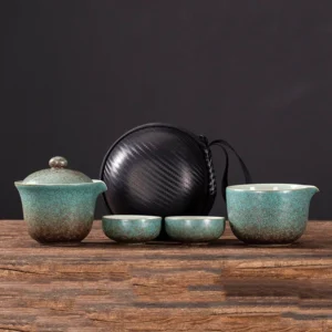 Green rustic textured ceramic portable chawan travel kung fu tea set open display