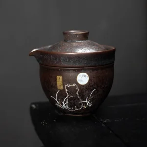 Portable ceramic chawan travel tea set with hand-painted cat and moon pattern