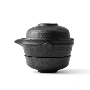 Portable dark ceramic travel chawan tea set with nested design