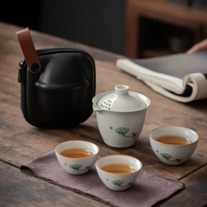 Complete hand painted portable travel Gongfu chawan tea set with carrying bag