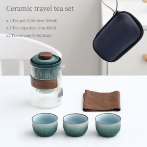 Full portable gongfu travel chawan tea set arranged outside carrying bag