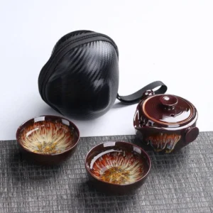 Portable kiln-change chawan travel tea set complete with carrying bag