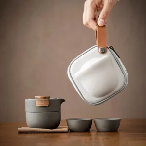 Portable matte gray ceramic chawan travel tea set with wooden handle