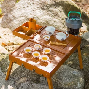 Complete portable outdoor gongfu chawan tea set with folding bamboo table fully set up