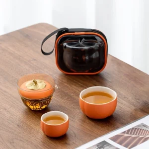 Full portable persimmon chawan travel tea set with carrying bag