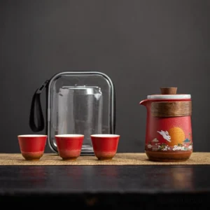 Portable red ceramic chawan travel tea set full unboxed view with traditional motifs