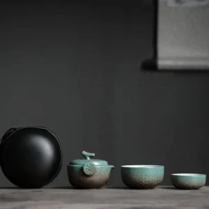 Portable rustic ceramic travel chawan tea set with black storage bag
