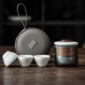 Full complete portable travel chawan tea set with carrying case, glass teapot, porcelain cups