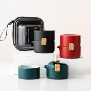 unpacked green ceramic portable travel chawan set with carrying bag