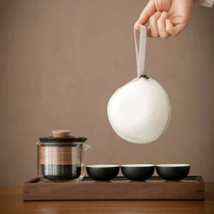 Portable glass ceramic travel chawan tea set with carrying case full view