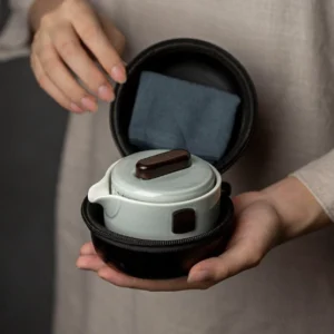 portable ceramic travel gongfu chawan tea set with carrying pouch full view