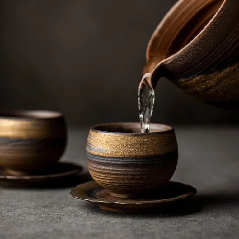 retro handcrafted clay tea cup with natural firing color gradient