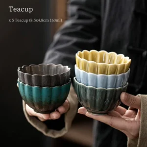 Set of 5 mixed color Ru Kiln porcelain lotus tea cups 5.4oz