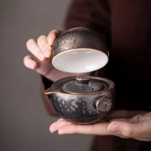 Full rustic ceramic portable chawan travel tea set with travel bag