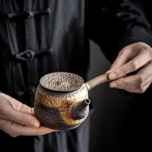 Rustic textured porcelain kyusu teapot with wooden side handle 8oz full view