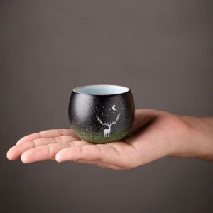 Set of 2 Chinese green black gradient deer moon ceramic tea cups side view