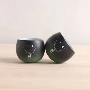 Set of 2 black green gradient deer moon star pattern Chinese ceramic tea cups 2oz