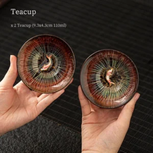 Set of 2 Jianzhan Tea Cups with Koi Inlay, 3.7oz each