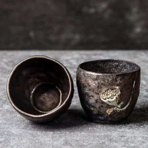 Set of 2 retro Chinese clay lotus relief tea cups rustic rough ceramic