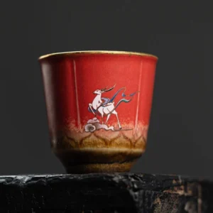 Set of 4 multicolor gradient glaze auspicious deer porcelain tea cups with gold rim