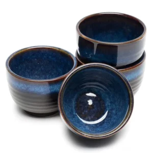 Set of 4 blue gradient Jianzhan tea bowls full set view