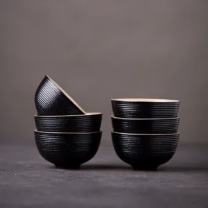 Set of 6 black ribbed Japanese tea bowls 1oz full set view