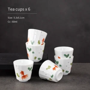Set of 6 hand-painted orange goldfish green water grass white porcelain tea cups 2oz