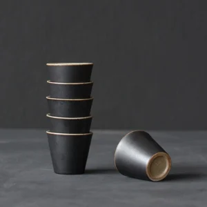 Set of 6 stacked 2.4oz rustic Japanese black porcelain tea cups