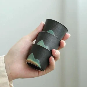 Stackable black hand-painted mountain Chinese ceramic tea tasting cups 1.5oz