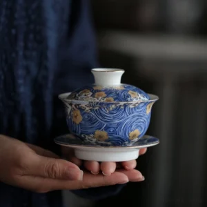 Starry sky blue ceramic gaiwan full set with gold floral wave pattern, 5oz