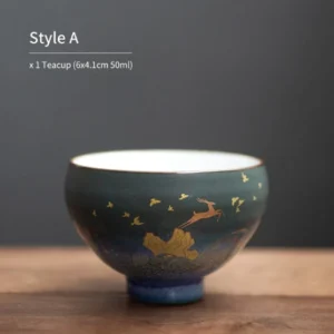 Style A hand painted gold deer chinese ceramic gongfu tea bowl dark blue exterior