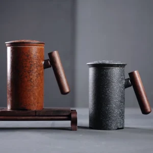 10oz vintage ceramic tea mug with infuser lid and wood handle full product view