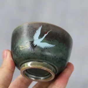 vintage handpainted red-crowned crane deep green chinese tea bowl side view