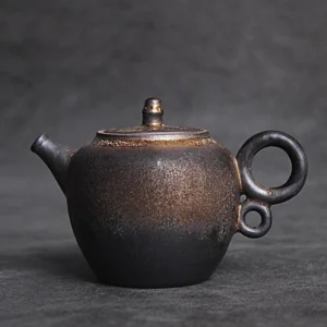 Full side view of 4oz vintage Chinese gilded porcelain teapot with double ring handle
