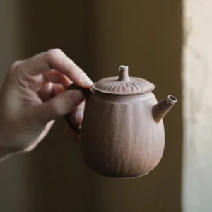 Full view of vintage Chinese old clay teapot 5.4oz with rustic rust-brown finish