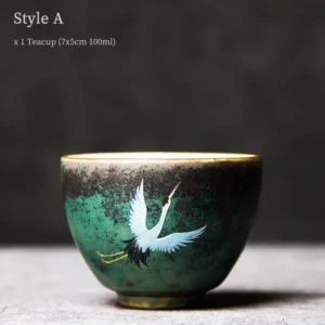 Hand Painted Red Crowned Crane Vintage Chinese Ceramic Tea Cup Side View