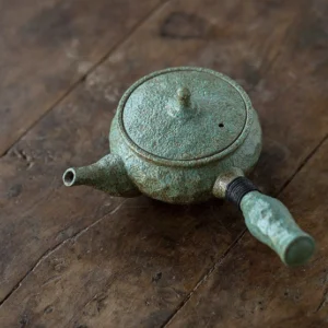handmade vintage green ceramic side handle porcelain teapot full product view