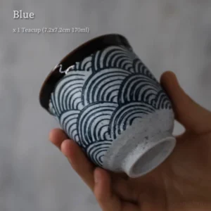 Vintage Japanese blue wave speckled ceramic tea cup 6oz