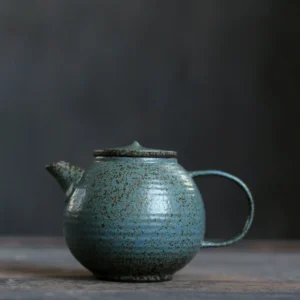 full set view vintage japanese handcrafted speckled ceramic teapot 6oz blue