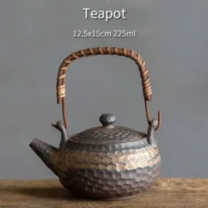 Full side view of vintage hand hammered dark brown Japanese porcelain teapot 7.6oz